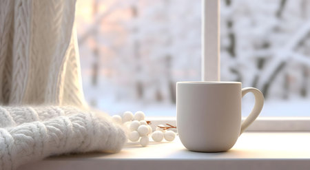 A white mug sits on a windowsill, next to a cozy sweater, overlooking a snowy winter scene.の写真素材