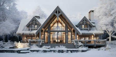 Stunning winter scene of a luxurious A-frame cabin nestled in a snowy forest.の写真素材