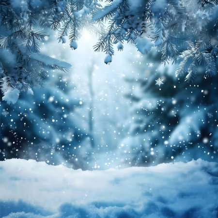 A breathtaking winter scene featuring a snow-covered forest, perfect for holiday cards or winter-themed projects.の写真素材