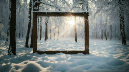 A wooden frame in a snowy forest, sunlight shining through the trees.の写真素材