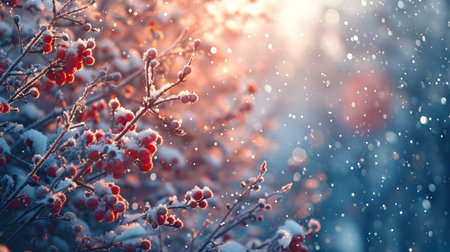 Red berries covered in snow, a winter wonderland scene.