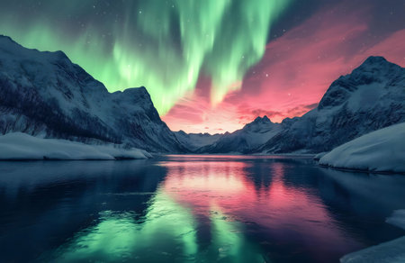 A mesmerizing view of the Aurora Borealis reflected in a still lake, surrounded by snow-covered mountains. A winter wonderland.の写真素材