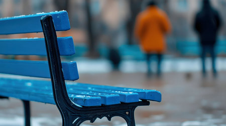A blue bench sits empty in a snowy park, with blurred figures in the background. Winter scene.の写真素材