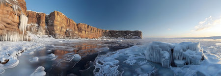 Stunning panorama of a frozen lake, with towering icy cliffs and a breathtaking reflection.の写真素材