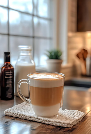 A delicious layered latte art in a glass mug, served on a kitchen counter near a window. Cozy and warm sceneの写真素材