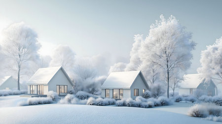 Picturesque winter scene featuring charming white cottages nestled in a snow-covered forest. Serene and peaceful atmosphere.の写真素材