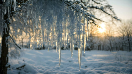 Stunning icicles hanging from a snow-covered branch at sunset. A serene winter scene.の写真素材