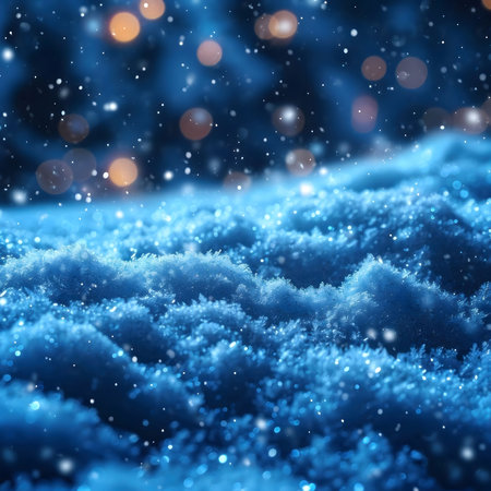 Close-up of a snowy landscape at night, with sparkling lights in the background. The image evokes a sense of winter magic and serenity.の写真素材
