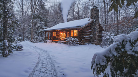 A charming log cabin nestled in a snow-covered forest, glowing warmly in the twilight.の写真素材