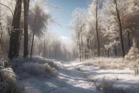 A snowy forest path, sunlit and serene. Winter wonderland scene with frosty treesの写真素材