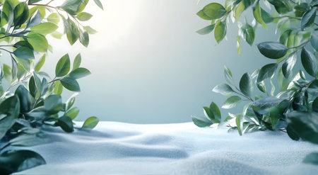 Green leaves frame a snowy, undulating surface, creating a serene winter scene. Peaceful and calming, the image evokes tranquility.の写真素材
