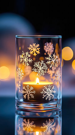 A lit candle inside a glass with snowflake pattern creates a warm and cozy winter atmosphere.の写真素材