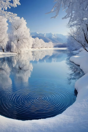 Stunning winter scene of a pristine lake reflecting snow-covered mountains and trees. The tranquility is captivating.の写真素材