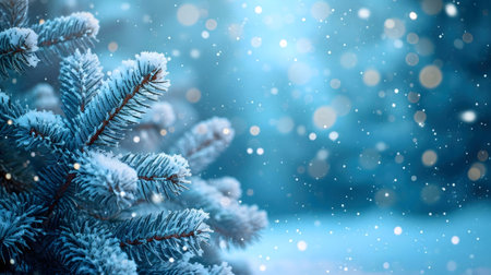 Close-up of a snow-covered spruce branch during a winter snowfall. Peaceful winter scene.の写真素材