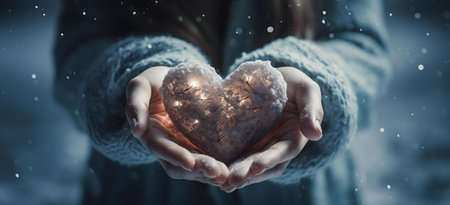A pair of hands cradle a snow-covered heart glowing with inner light, symbolizing winter warmth and...