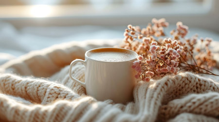 A white mug of coffee sits on a cozy knit sweater, accompanied by delicate pink flowers. Warm and inviting.の写真素材