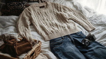 Cream cable knit sweater and blue jeans styled on bed, with accessories. Cozy autumn/winter fashion