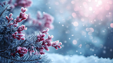 Frozen pink flowers in a snowy winter scene. A beautiful winter wonderland.