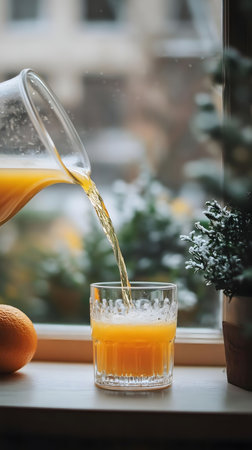A glass of fresh orange juice being poured on a snowy winter morning by a window.の写真素材