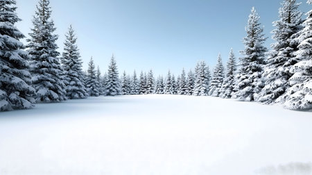 A breathtaking winter scene of snow-covered pine trees in a pristine forest. The serene atmosphere and bright sky create a perfect winter wonderland.の写真素材