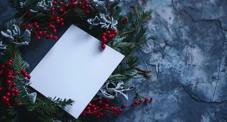 A white blank card nestled in a charming Christmas wreath. Perfect for your holiday greetings!