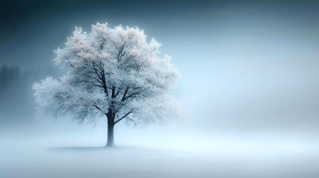 A single, frost-covered tree stands alone in a misty winter field. The scene evokes a sense of peace and tranquility.の写真素材
