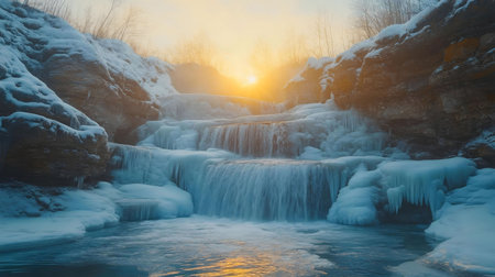 A stunning frozen waterfall at sunrise. The icy formations glisten in the golden light, creating a serene winter scene.の写真素材