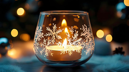 A lit candle in a glass holder decorated with snowflakes provides warm winter vibes.
