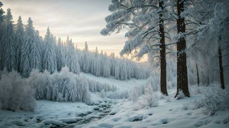 A picturesque winter scene of a snow-covered forest with a calm stream flowing through it. The image evokes a sense of serenity and peace.の写真素材