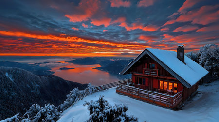 A stunning winter sunset over a mountain lake with a cozy cabin. Breathtaking view!の写真素材