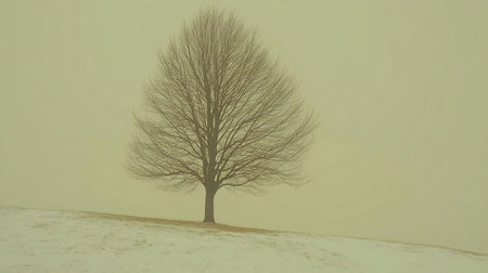 A lone, bare tree stands in a snowy field under a pale winter sky. Serenity and calmness are the prominent emotions.の写真素材