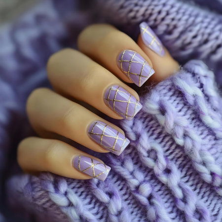 Close-up of a woman's hand showing a beautiful lavender manicure with gold geometric accents. The nails rest on a soft purple knitted sweater.の写真素材
