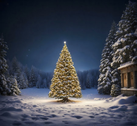 A majestic Christmas tree, adorned with warm lights, stands in a snow-covered forest under a starlit winter sky.の写真素材