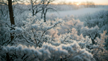 Frosty trees at sunrise. Winter wonderland. Cold, peaceful scene.