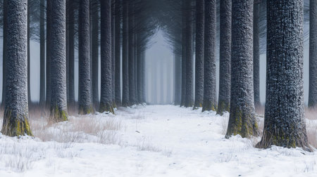 A serene winter scene showcasing a snow-covered path through a dense forest of tall trees. The atmosphere is tranquil and magical.の写真素材