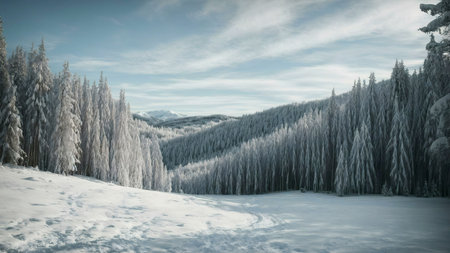 A breathtaking winter scene of snow-covered mountains and a dense forest of majestic evergreens. The peaceful atmosphere is truly captivating.の写真素材