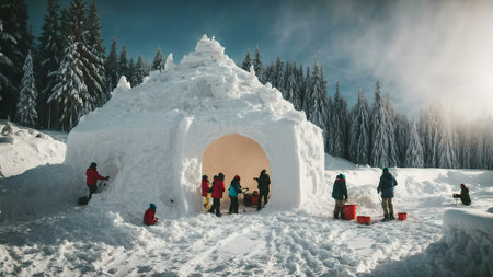 A group builds a magnificent snow castle in a snowy forest. Winter wonderland scene.の写真素材