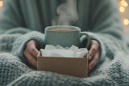 A person enjoys a warm drink and a gift on a cozy winter evening.の写真素材