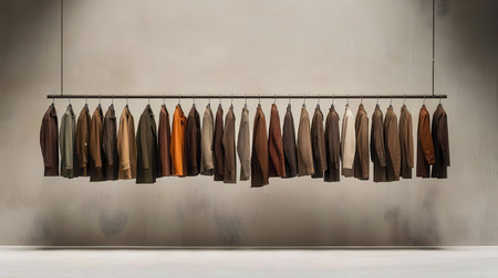 A row of earthy-toned jackets neatly hangs on a simple rail, showcasing a collection of minimalist fashion against a neutral backdrop.の写真素材