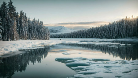 A breathtaking winter scene. A frozen lake perfectly mirrors a snow-covered mountain and a dense pine forest under a calm sky.の写真素材
