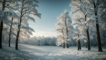 A breathtaking winter scene, showcasing a frost-covered forest bathed in sunlight. The serenity is palpable.の写真素材