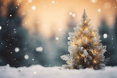 A snow-covered Christmas tree glows with warm lights in a winter wonderland.の写真素材