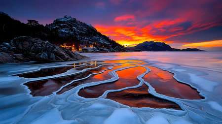 Stunning sunset over a frozen fjord in Norway. The vibrant colors of the sky are reflected in the ice.の写真素材