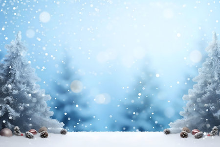A serene winter scene with snow-covered trees, festive ornaments, and falling snowflakes. Perfect for a holiday greeting card or winter background.の写真素材