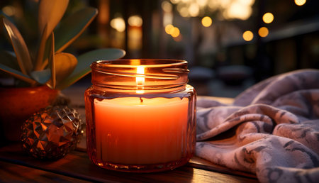 A lit candle in a glass jar sits on a wooden table, creating a warm and cozy atmosphere.の写真素材