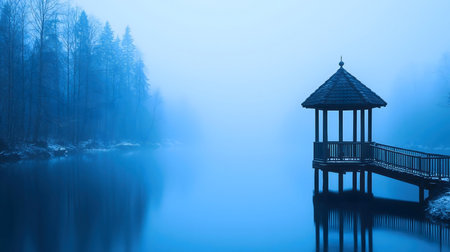 A tranquil gazebo sits on a misty lake, surrounded by trees. The serene atmosphere is captured in the cool blue tones.の写真素材