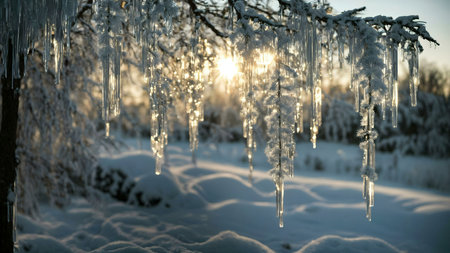 Icicles hanging from a snow covered tree branch, backlit by the setting sun. A winter wonderland scene.の写真素材