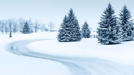 A scenic winter landscape featuring a winding road through a snow-covered field, surrounded by snow-laden evergreen trees.の写真素材