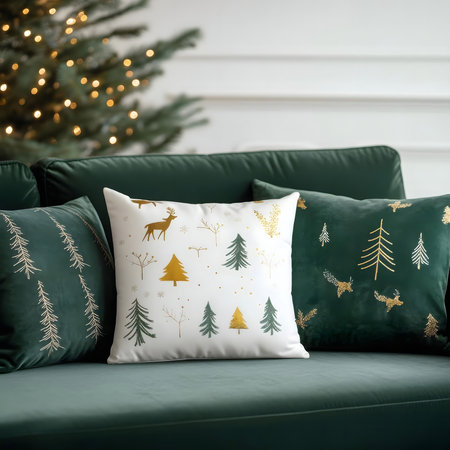 Green velvet sofa with white and green pillows featuring gold embroidered christmas patterns. Festive and cozy home decor.の写真素材