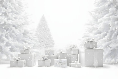 White Christmas presents under snow-covered trees. A serene winter wonderland scene.の写真素材